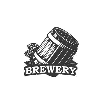 Beer brewery icon of barrel and hop, craft beer pub and bar vector label. Beer brewery emblem of alcohol drink and beverage products company sign, ale or stout beer bottle and Oktoberfest sign. Beer brewery icon, barrel and hop, craft beer pub