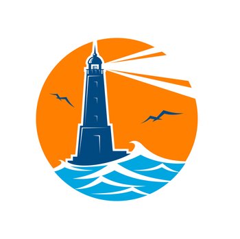 Lighthouse and beacon icon. Vector round emblem seafarer with beam, ocean waves and flying gulls. Isolated label for navigation, travel or sailing maritime company with searchlight tower in sea. Lighthouse and beacon icon, vector round emblem