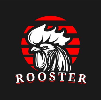 Farm rooster icon, agriculture company mascot. Poultry farming, animal symbol or vector emblem, graphic icon with aggressive looking and strong rooster head with big cockscomb. Farm rooster icon, agriculture company mascot