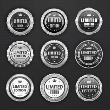 Limited edition silver badges and labels, vector tags and stamp icons. Limited edition and premium quality exclusive product offer, silver badges and labels with luxury star, crown and laurel wreath. Limited edition silver badges, promotion labels