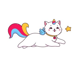 Cartoon caticorn with sky star. Cute vector white unicorn cat with colorful tail, horn and wings. Funny magic kitty character. Kawaii kitten fairy tale personage flying and playing with twinkle. Cartoon caticorn with sky star, cute unicorn cat
