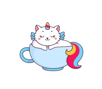 Cartoon cute caticorn character in tea cup. Vector white unicorn cat with relaxed smiling face sitting in ceramic mug. Funny fairytale kitty dream or nap, magic kitten personage with horn and wings. Cartoon cute caticorn character in tea cup, cat