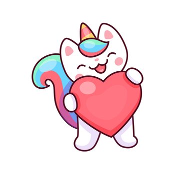 Caticorn character with big heart in paws. Isolated vector fantasy animal personage love emotion. Mythical unicorn kitty with colorful tail, wings and horn. Funny magical kitten, kawaii magic cat. Caticorn character with big heart in paws, love