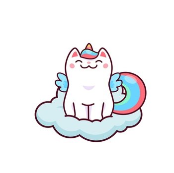 Cartoon cute kawaii caticorn character on the cloud. Vector white unicorn cat with smiling face sit on fluffy cloud. Magic kitten personage with colorful tail, horn and wings. Funny fairytale kitty. Cartoon cute kawaii caticorn character on cloud