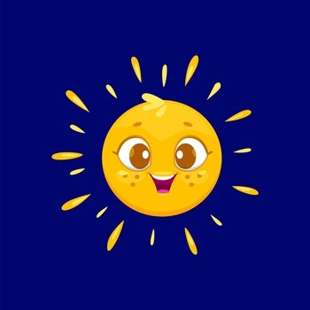 Cartoon cute sun character, vector cheerful sunny personage with smiling face and yellow rays emanating from head. Cute and friendly solar for summer weather forecast, sunscreen cream or children book. Cartoon sun character, vector cheerful personage