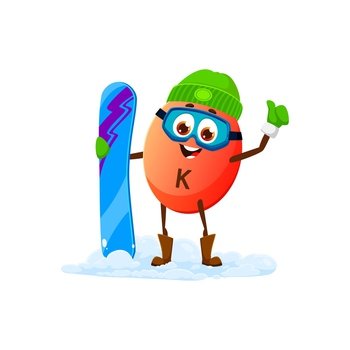 Cartoon Potassium K mineral pill with snowboard on winter holiday, vector micronutrient character. Happy funny Potassium K on winter sport or snowboarding for Christmas or New Year winter holiday. Cartoon Potassium K mineral pill with snowboard