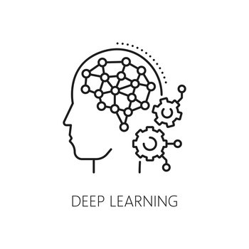 Deep learning icon for AI artificial intelligence and machine learning, line vector. AI mind and artificial neural network for supervised or unsupervised learning, AutoMl algorithms and data analysis. Deep learning line icon AI artificial intelligence