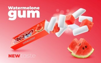 Realistic watermelon chewing gum, vector advertising promo banner with 3d flying pads and mellow fruit slices, offer a burst of juicy, refreshing flavor, creating a summery sensation with each chew. Realistic watermelon chewing gum, promo banner
