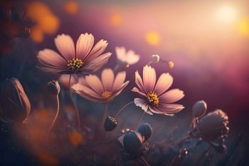 Beautiful   Wild Flowers at Sunset in a Field. AI generated Illustration.