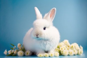 Lovely baby bunny with flowers on blue background. Cute fluffy rabbit. Animal Easter symbol concept. Generative AI