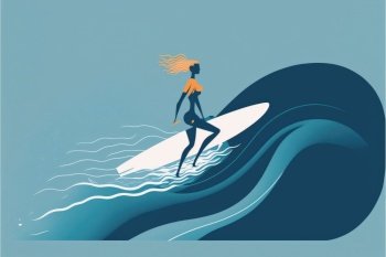 Girl surfer on the wave with surfboard, bright colors. Surfering colorful concept. Generative AI