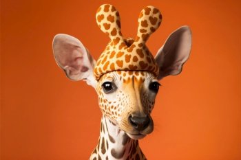 Elegant giraffe with a hat with heart shape on a orange background. Generative AI