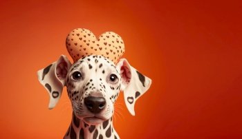 Elegant Dalmatian dog with a hat with heart shape on a orange background. Generative AI