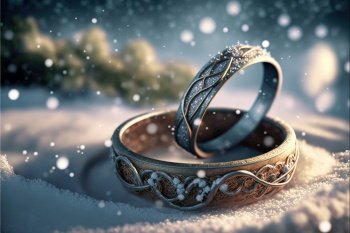 Beautiful engagement brocaded rings on the cool snow. Alliance concept. Generative AI