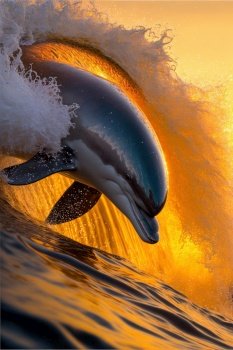 Beautiful portrait of a dolphin jumping from water at the sunset time. Yellow and black tones. Generative AI