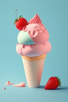Colorful delicious ice cream melting and dripping on a colored background. Explosion of flavor and color. Generative AI
