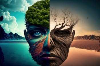Conceptual image of drought in the world. Human head divided into two parts, one with drought and the other with vegetation. Generative AI