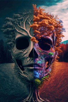 Conceptual image of drought in the world. Human head divided into two parts, one with drought and the other with vegetation. Generative AI