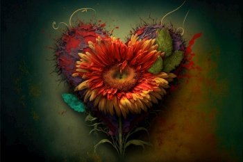 Flower inside a heart with vegetation. Love and nature concept. Generative AI
