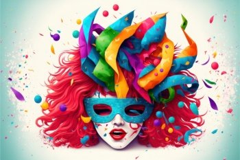 Concept of the Carnival. Colorful masks, crazy wigs, symbol of the explosion of joy and color. White background. Generative AI