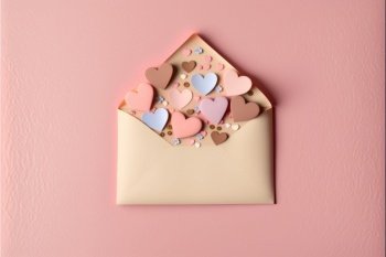 Envelope Full of Hearts Over Pink Background. Concept for congratulations on Valentine’s Day, Mother’s Day, birthday, anniversary. Generative AI