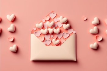 Envelope Full of Hearts Over Pink Background. Concept for congratulations on Valentine’s Day, Mother’s Day, birthday, anniversary. Generative AI