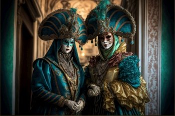 Image of the Venice carnival. Traditional venetian costumes. Generative AI