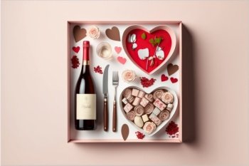 Nice box with gifts on Valentine’s Day. Wine bottle and chocolates. Generative AI
