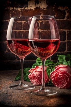 Two wine glasses and pink roses. Concept of a romantic date in a restaurant. Generative AI