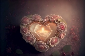 Nice heart with a lit candle in the middle and surrounded by flowers. Valentines Day card. Generative AI