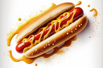 Hot dog with mustard and ketchup, top view isolated on a white background. Generative AI