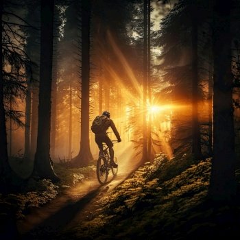 Silhouette Man Through the Forest Cycling During Sunset . Generative AI