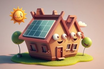 Colorful eco-house. Concept of renewable energy. House with solar panels on the roof. Generative AI 