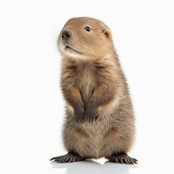 Full length portrait of a adorable baby beaver standing isolated on a white background. Floor with reflection. Generative AI