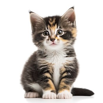 Funny brown kitten with beautiful big eyes posing on white background. Lovely fluffy cat. Free space for text. Generative AI