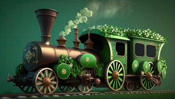 Green vintage train decorated for St. Patricks Day. Generative AI