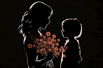 Card of Happy Mother’s Day. Mother silhouette with her son and flowers. Generative AI