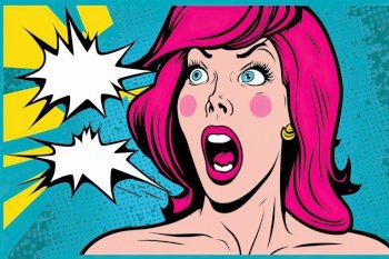 Pretty girl cartoon illustration in pop art style. Emotional woman with pink hair. Generative AI
