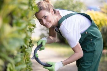young woman or gardener with pruner taking care of bushes