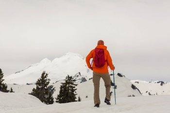 Hiker in the winter mountsins