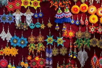 Colorful handmade earrings in Guatemala market