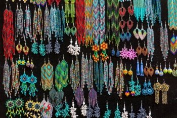 Colorful handmade earrings in Guatemala market