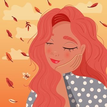 Beautiful red haired girl leaning on her hand with closed eyes, daydreaming, with autumn leaves falling and clouds. Colorful illustration. Vector. 