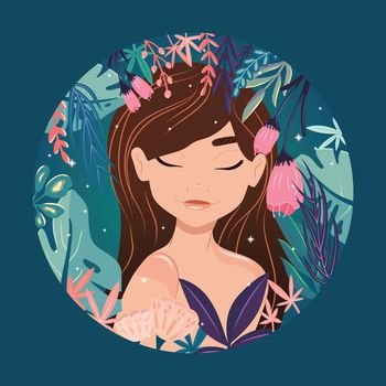 Beautiful brown haired girl with closed eyes, surrounded by exotic plants, in her own bubble. Colorful illustration. Vector. 