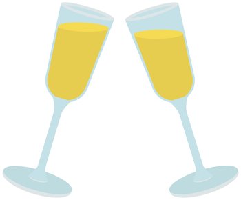 Two glasses with champagne isolated on white background. Festive drink, toast, holiday greetings. Celebrating holiday with sparkling wine. Sparkling wine, champagne in glasses vector illustration. Celebrating holiday with sparkling wine. Two glasses with champagne alcohol vector illustration