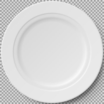 Empty white porcelain plate. Round white plate isolated on transparent background. Cookware, china, crockery element for serving dishes. Dish for restaurant, empty utensil and dishware 3d vector. Empty white porcelain 3d plate. Cookware, china, crockery element for serving dishes in restaurant