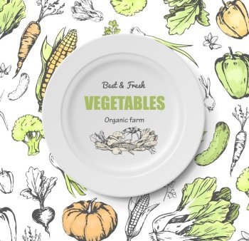 White plate with organic farm logo. Cooking organic food with natural ingredients. Round plate with inscription on background with vegetables. Dish for restaurant, kitchen utensil or dishware. White plate with organic farm logo. Cooking organic food with natural ingredients concept
