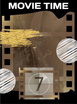 Movie time banner with cinema movie and photography 35 mm film strip template in vintage style. Cinema strip icon with recorded film on tape, cinematography retro photo roll, art and entertainment. Movie time banner with cinema movie and photography 35 mm film strip template in vintage style