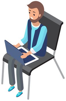Man sitting on chair and browsing or working on laptop at his laps. Male character types on keyboard with computer, works remotely, looks at screen Person is freelancing on laptop, online work. Male character on chair is typing on keyboard with computer, working remotely, freelancing