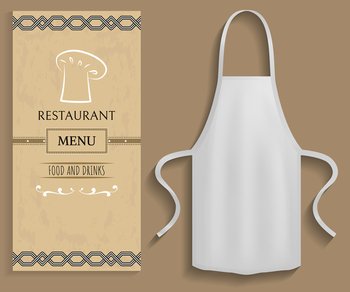 White apron next to piece of paper with menu. Clothes for work in kitchen, protective element of clothing for cooking. Apron for cooking in kitchen and protection of clothes near restaurant menu. Clothing for cooking in kitchen near restaurant menu. Apron next to list of food and drinks